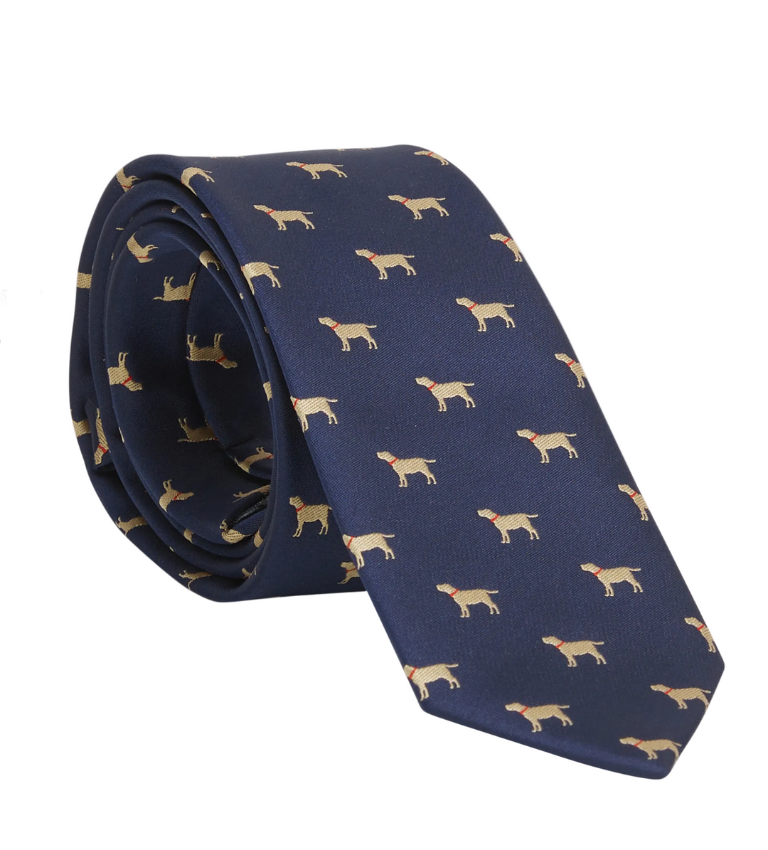 A navy blue necktie with a repeating pattern of tan dogs, shown rolled and flat against a white background.