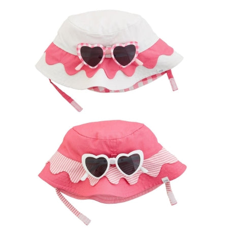  2-piece set. Faille UPF 50+ sun hat features chin strap and brim snap tab to hold included UV400 toddler sunglasses. 