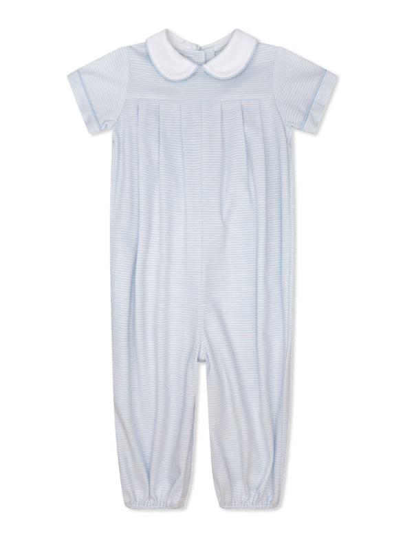 Precious Pleated Romper in Louisville Light Blue Ministripe