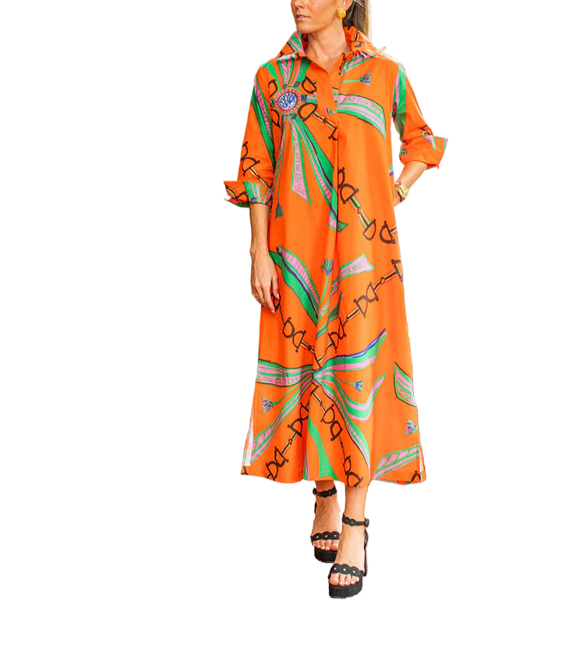 Estate Orange© is inspired by the luxe feel of a vintage, designer scarf.   It is the perfect tone of orange to highlight a classic equestrian vibe, with ribbons of pink and green tied in blue.  An original through and through. 

Our Shirt dress is a nod to the classic shirt dress with a new approach to the silhouette.  With its shapely cut and inverted pleats that run down the front and back, it gives it a vintage swing effect, that can prove to feel more polished with a nice ease of comfort.  