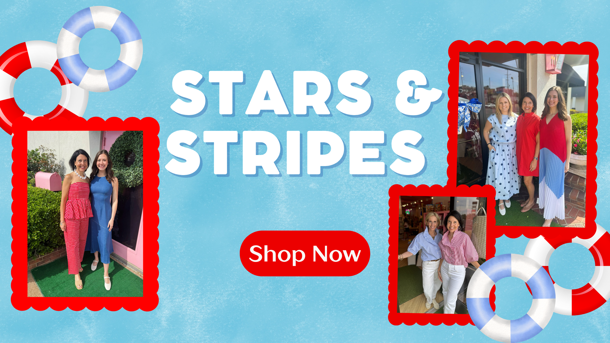 Promotional banner with 'Stars & Stripes' text and people in colorful outfits on a blue background.