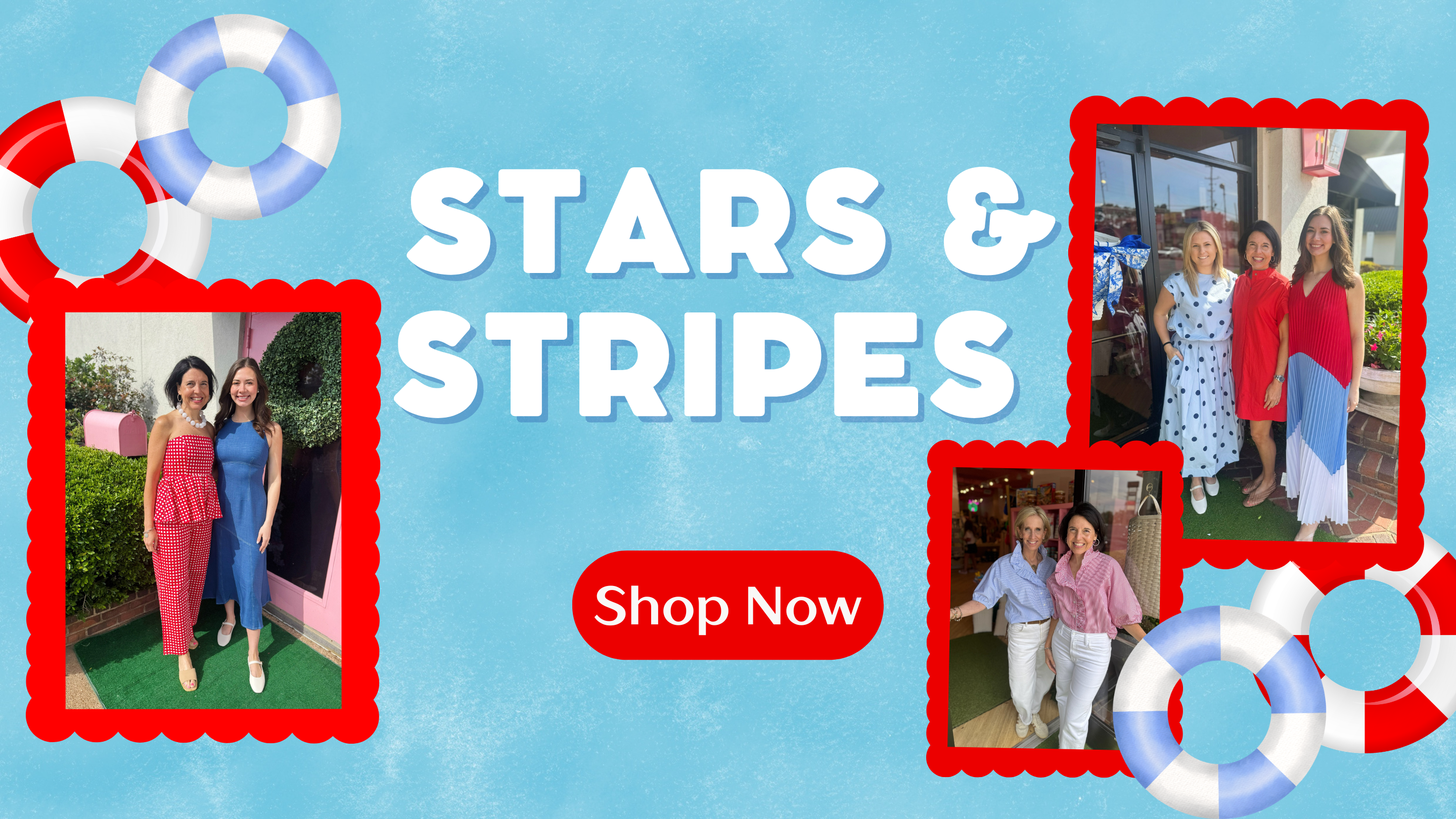 Promotional banner with 'Stars & Stripes' text and people in colorful outfits on a blue background.