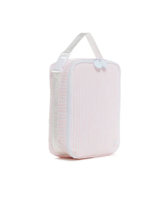 A light pink and white vertically striped zippered lunch bag with a white top handle, shown on a plain white background.