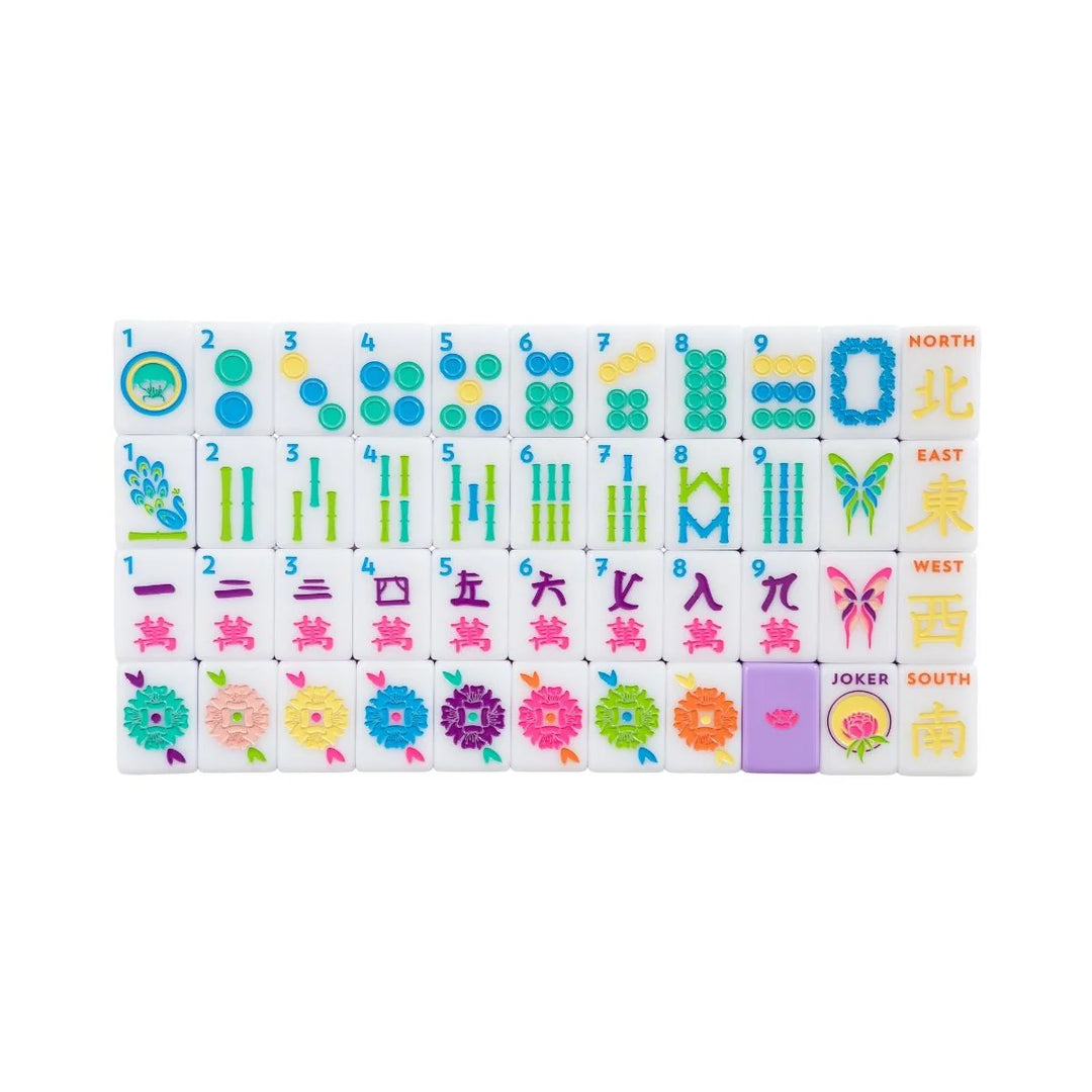 Material:
Acrylic

Dimensions:
Each tile is 1" x 1 & 7/16" x 7/16"

Weight:
Approx. 5 lbs total

INCLUDED:
1 set of 160 mahjong tiles (36 dots, 36 bams, 36 craks, 8 flowers, 16 winds, 4 white dragons/soaps, 4 green dragons, 4 red dragons, 10 jokers, 6 blanks)
1 tile guide
1 player’s guide to mahjong