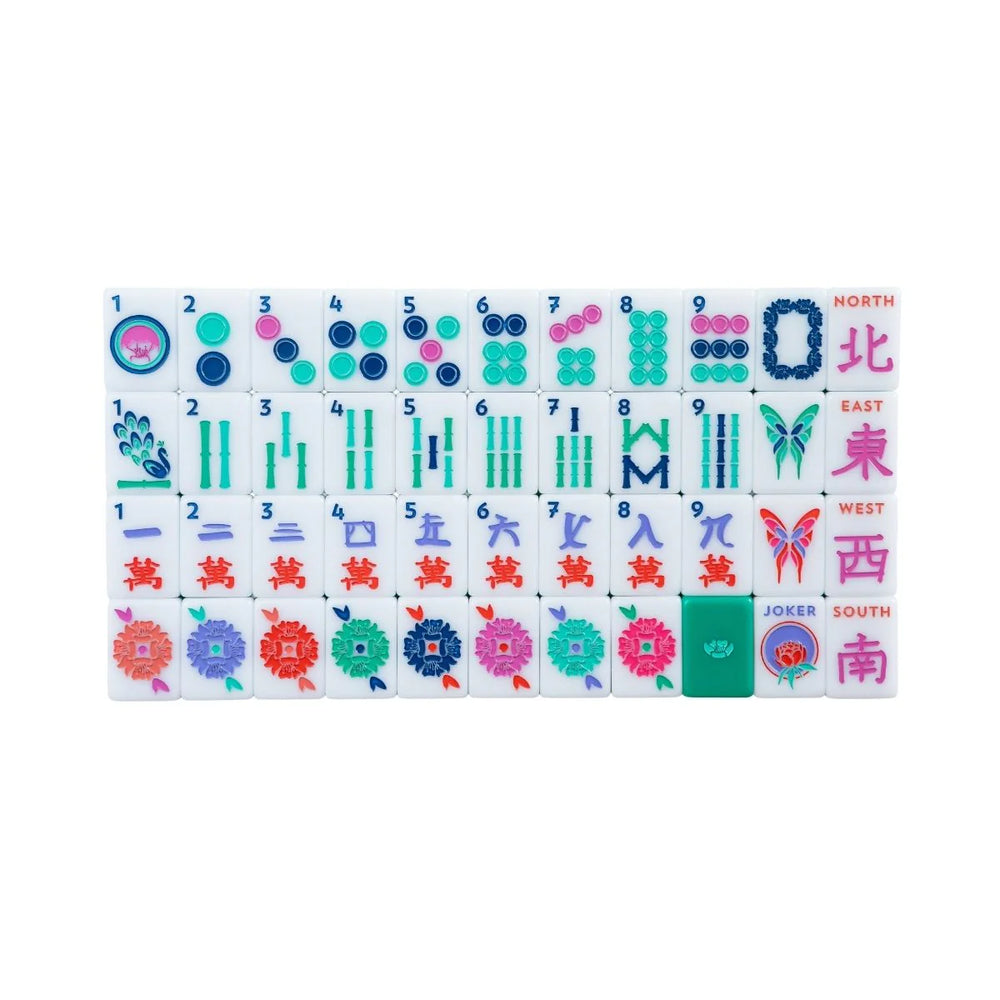 Material:
Acrylic

Dimensions:
Each tile is 1" x 1 & 7/16" x 7/16"

Weight:
Approx. 5 lbs total

INCLUDED:
1 set of 160 mahjong tiles (36 dots, 36 bams, 36 craks, 8 flowers, 16 winds, 4 white dragons/soaps, 4 green dragons, 4 red dragons, 10 jokers, 6 blanks)
1 tile guide
1 player’s guide to mahjong