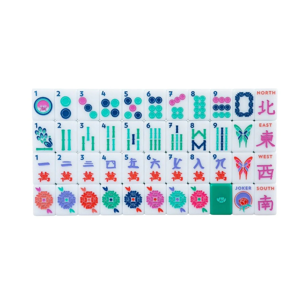 Material:
Acrylic

Dimensions:
Each tile is 1" x 1 &amp; 7/16" x 7/16"

Weight:
Approx. 5 lbs total

INCLUDED:
1 set of 160 mahjong tiles (36 dots, 36 bams, 36 craks, 8 flowers, 16 winds, 4 white dragons/soaps, 4 green dragons, 4 red dragons, 10 jokers, 6 blanks)
1 tile guide
1 player’s guide to mahjong