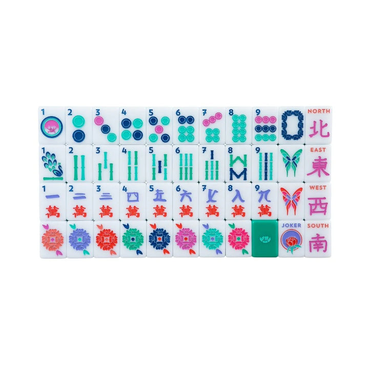 Material:
Acrylic

Dimensions:
Each tile is 1" x 1 &amp; 7/16" x 7/16"

Weight:
Approx. 5 lbs total

INCLUDED:
1 set of 160 mahjong tiles (36 dots, 36 bams, 36 craks, 8 flowers, 16 winds, 4 white dragons/soaps, 4 green dragons, 4 red dragons, 10 jokers, 6 blanks)
1 tile guide
1 player’s guide to mahjong