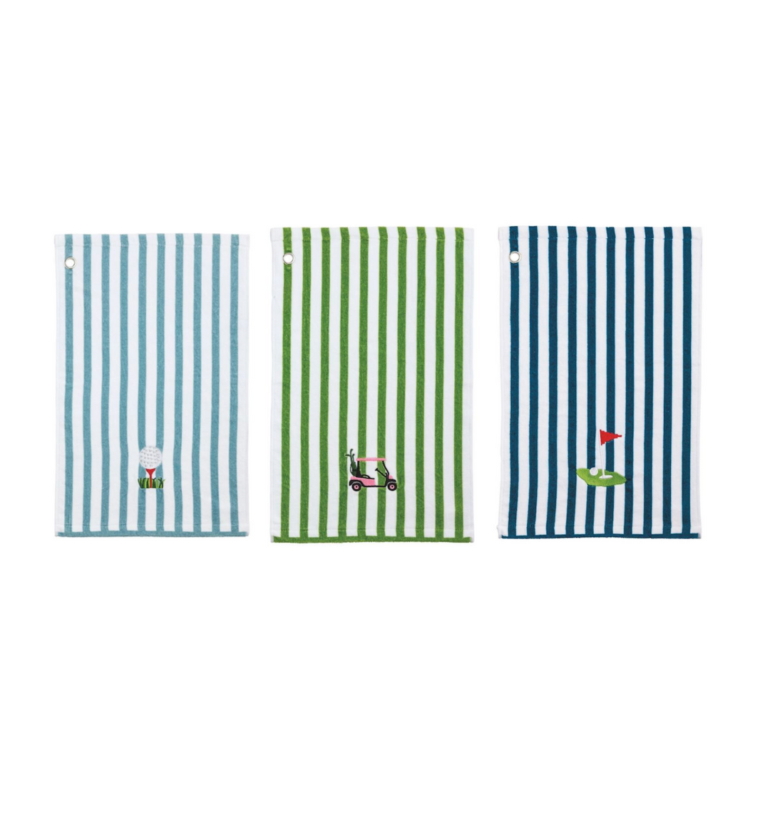 Three striped towels with golf-themed designs on a white background