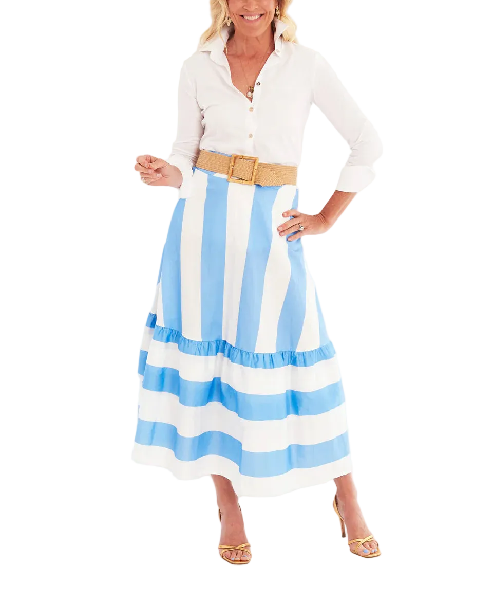 Meet your new wardrobe essential—the Trask Skirt in Sky Top Stripe. This playful a-line beauty features timeless classic stripes that work as hard as you do, whether you're browsing the farmers market or dancing the night away. Flattering and versatile, it's the kind of skirt that transitions seamlessly from day to evening, ready for whatever adventure comes next.

100% Cotton 
39" Long