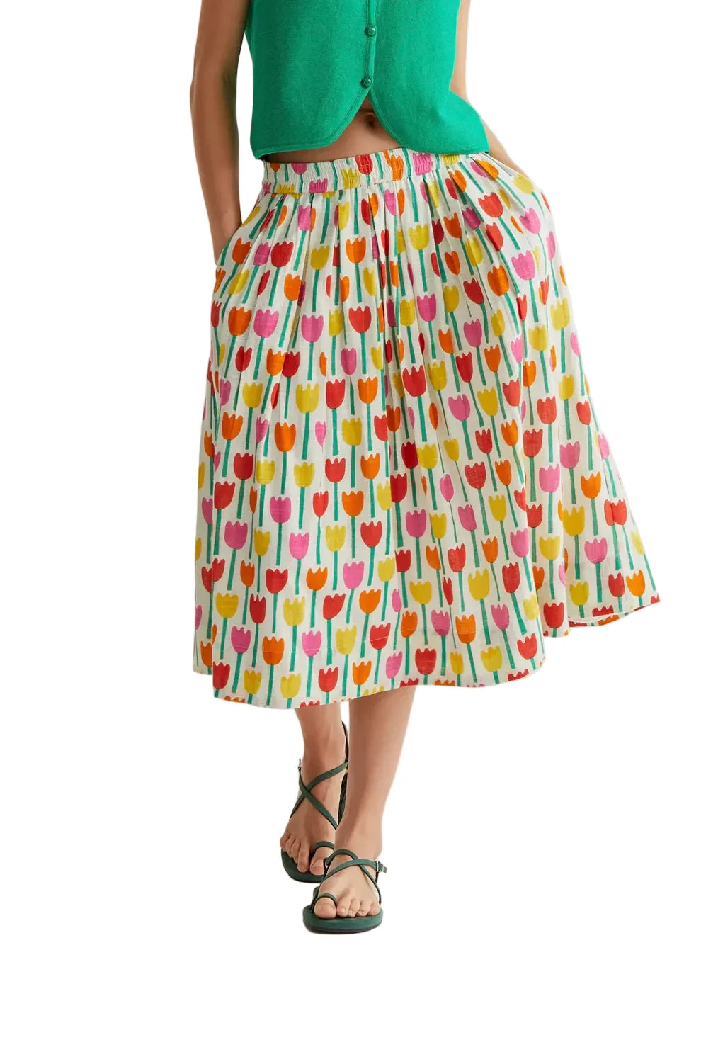 Colorful tulip-patterned skirt worn by a person on a white background