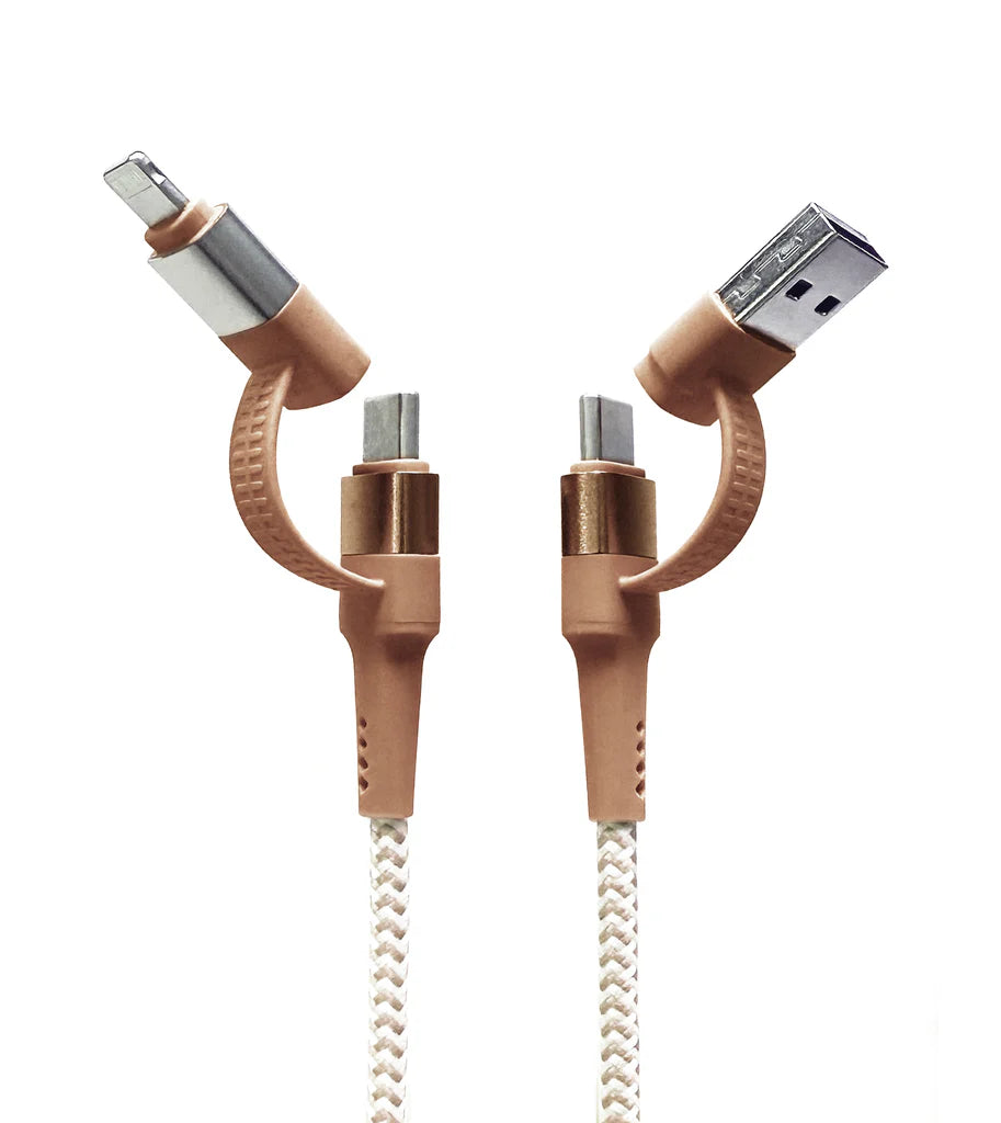 The Two Faced™ cable is one for all. With two tips on each end, (Lightning & USB-C on the device end; USB & USB-C on the wall end) it works with all your things. Time to swap the old cable mess in your drawer with this single cord.
This 6’ super-long, flexible cord doesn’t crack like the loads of white plastic cables we’re sick to death of replacing. Reinforced tips don’t wiggle loose.
Durable woven fibers & thick loop connectors make this the best Tech  Candy cable we’ve ever created.
