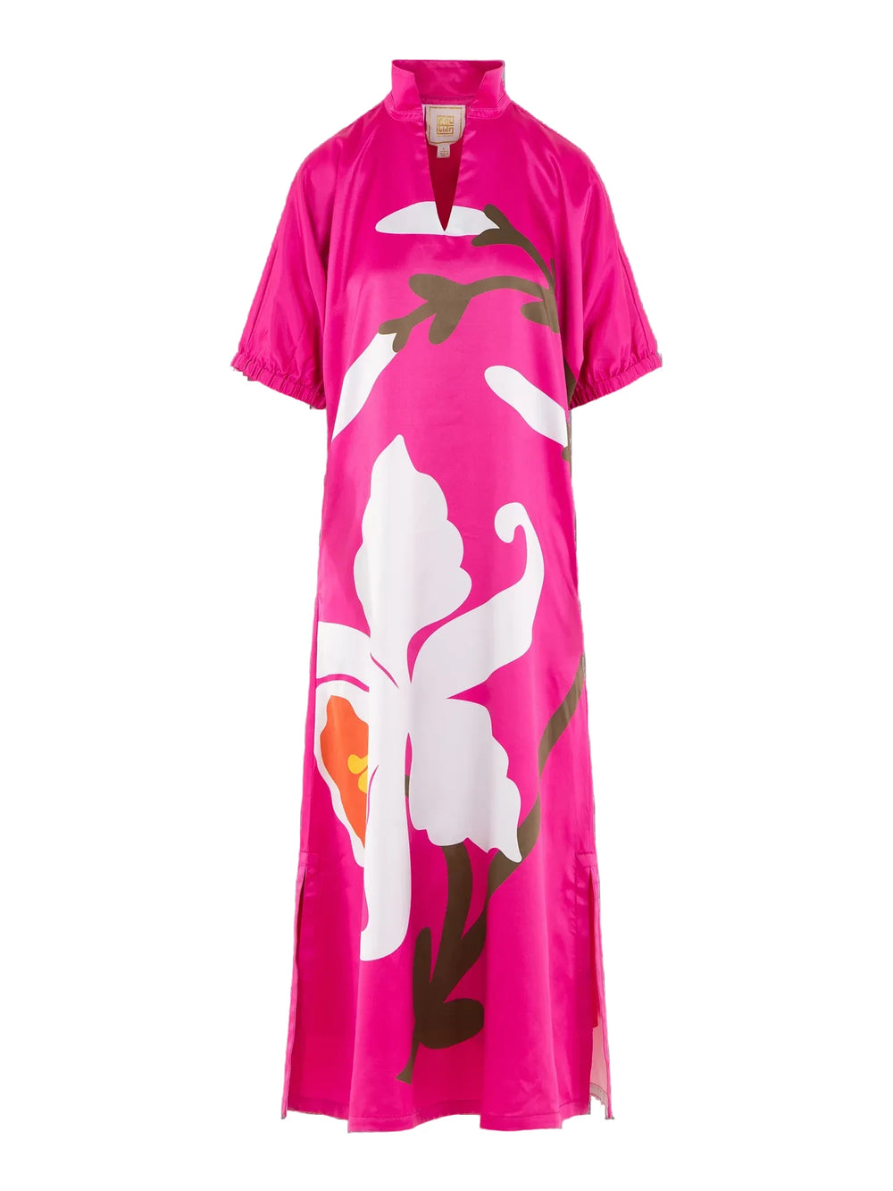 The Poppy Maxi in Holland Pink features a classic stand collar, loose dolman sleeves finished with elastic at the cuff, and a flowing, loose-fitting silhouette that moves with ease. The placed floral print makes a bold visual statement across the length of the dress, while maintaining a sense of softness and graceful energy throughout the design.