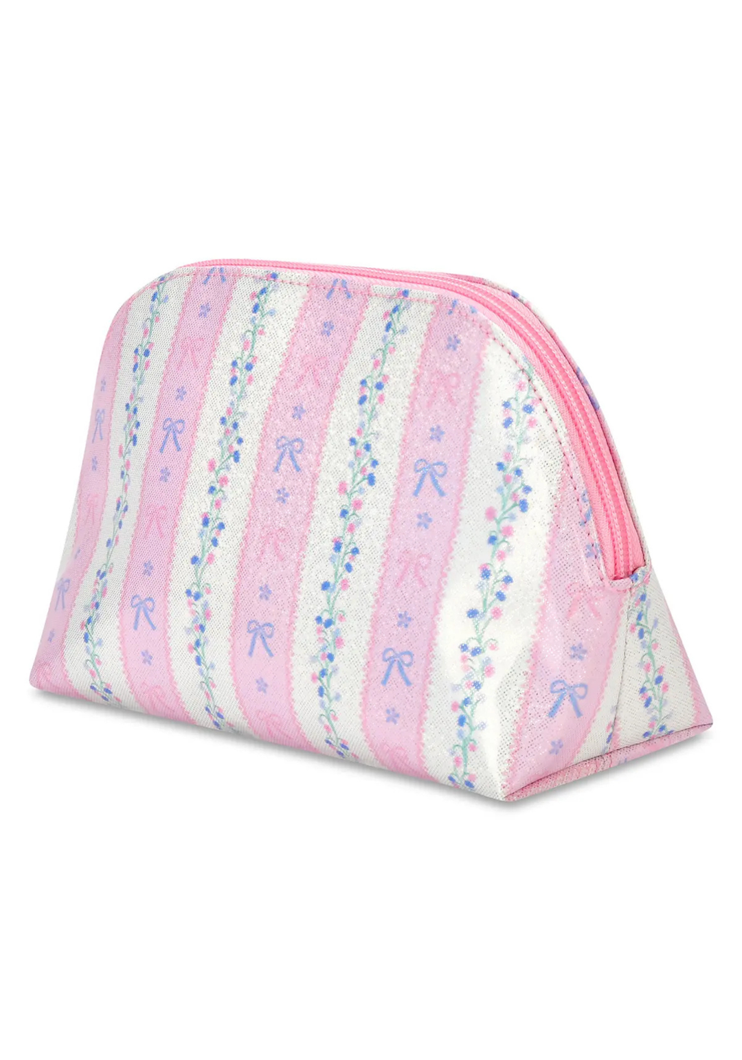Triangular cosmetic bag with pink and white striped pattern on a white background