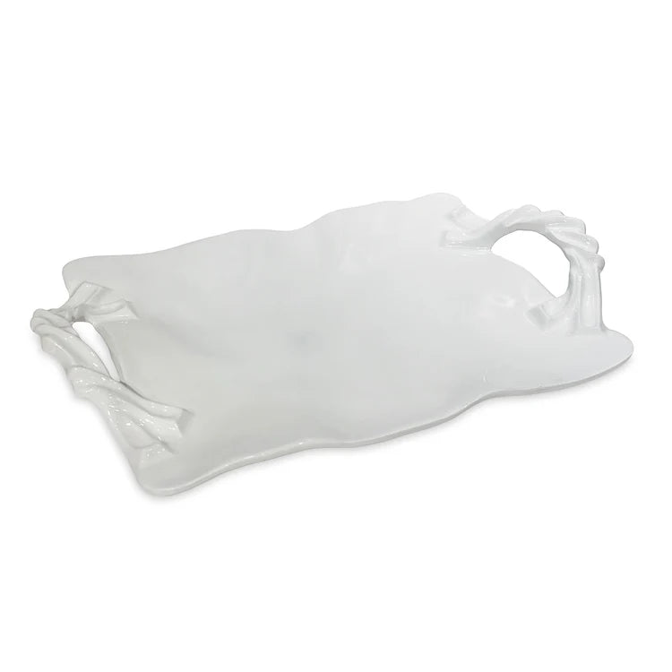White melamine tray with handles on a white background