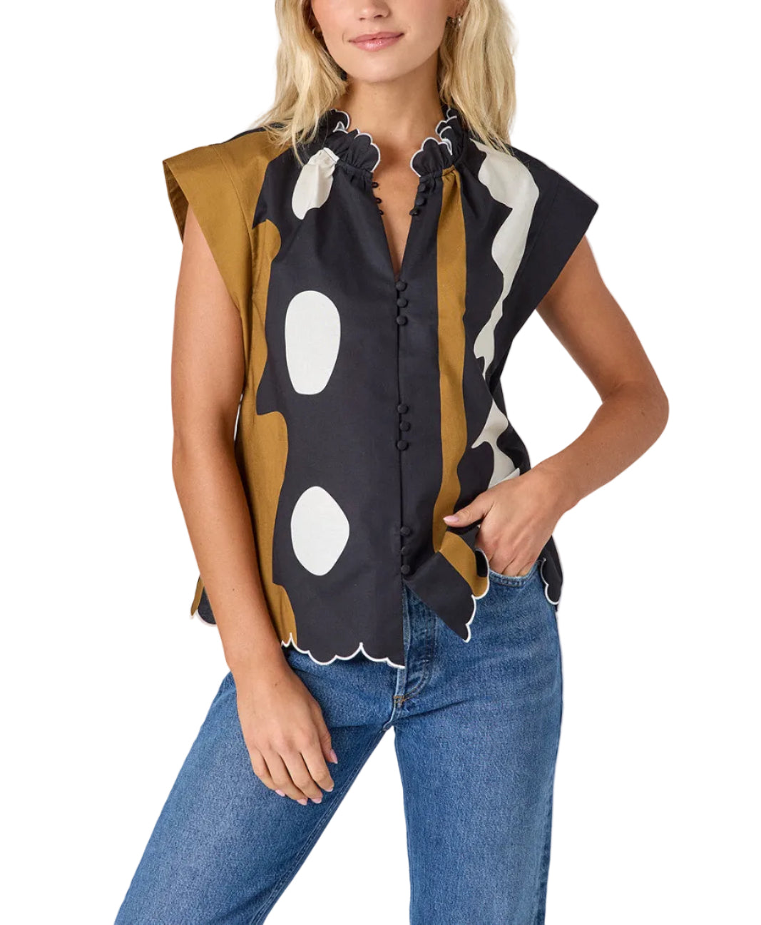 Woman wearing a sleeveless top with a patterned vest over it on a white background