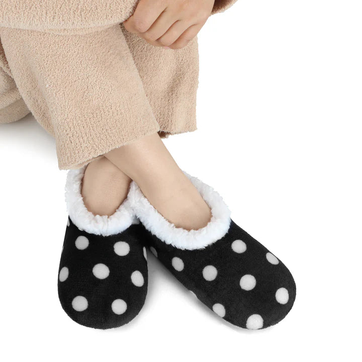 Snoozies are not a sock and not a slipper, it is a cross between the two, making them a foot covering or Footie! Made of 100% Polyester. Snoozies include soft fleece lining inside, overall print on the outside, and a non-skid sole on the bottom.

Non-slip sole for safety on wood or tile floors
Unique exterior in great colors, fabrics, and fun patterns
Lined with soft Sherpa fleece fabric inside