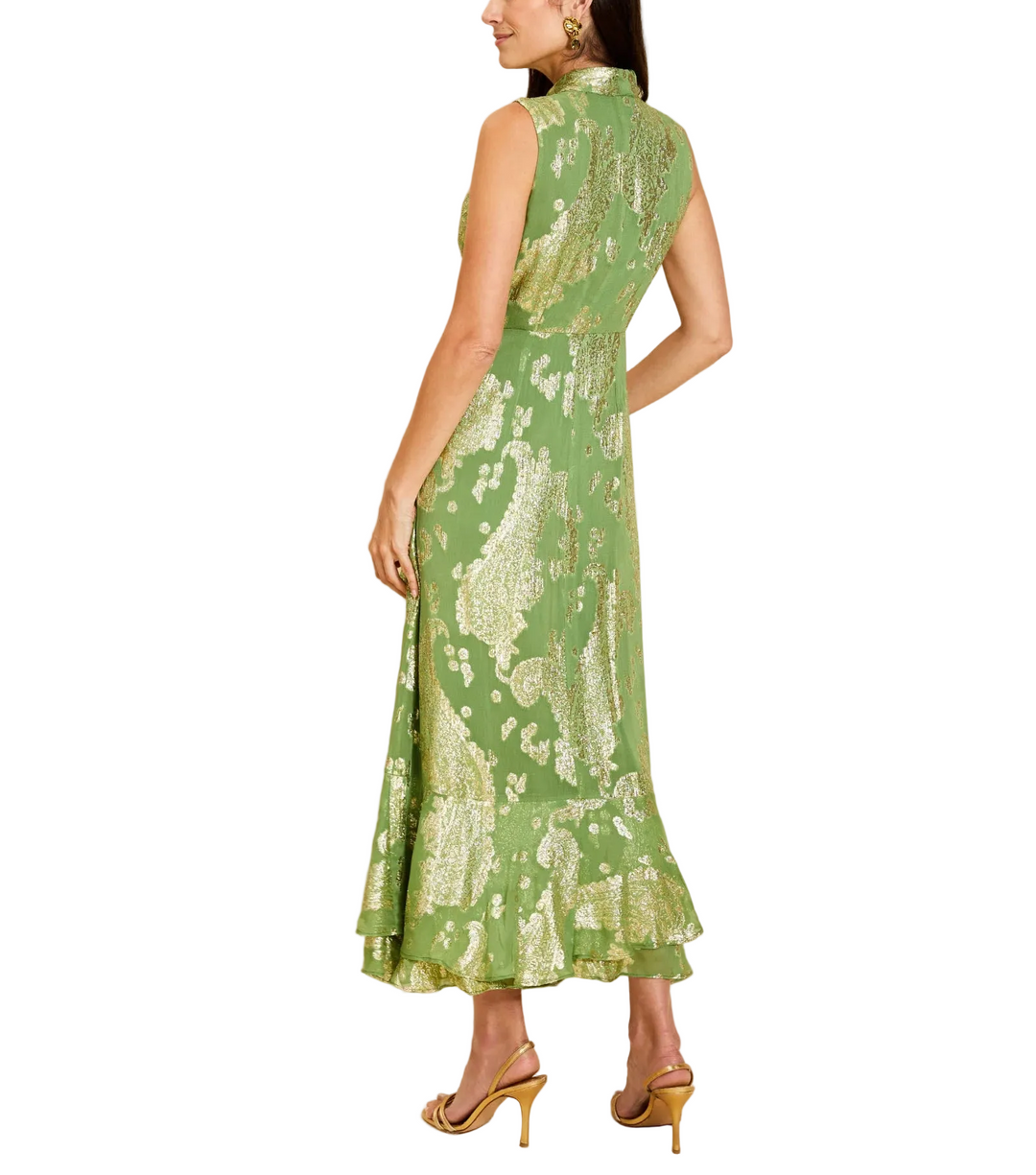 Sleeveless midi dress silhouette
Front keyhole detail
Neck-tie collar with an adjustable self-tie bow
Fitted waist
Cascading ruffle along the front of the skirt
Concealed center-back zipper closure
Fully lined