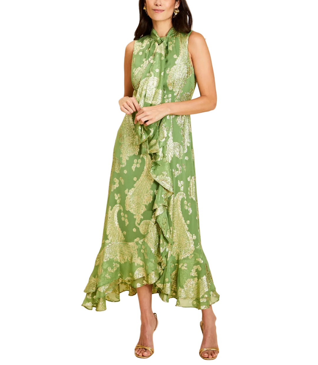 Sleeveless midi dress silhouette
Front keyhole detail
Neck-tie collar with an adjustable self-tie bow
Fitted waist
Cascading ruffle along the front of the skirt
Concealed center-back zipper closure
Fully lined