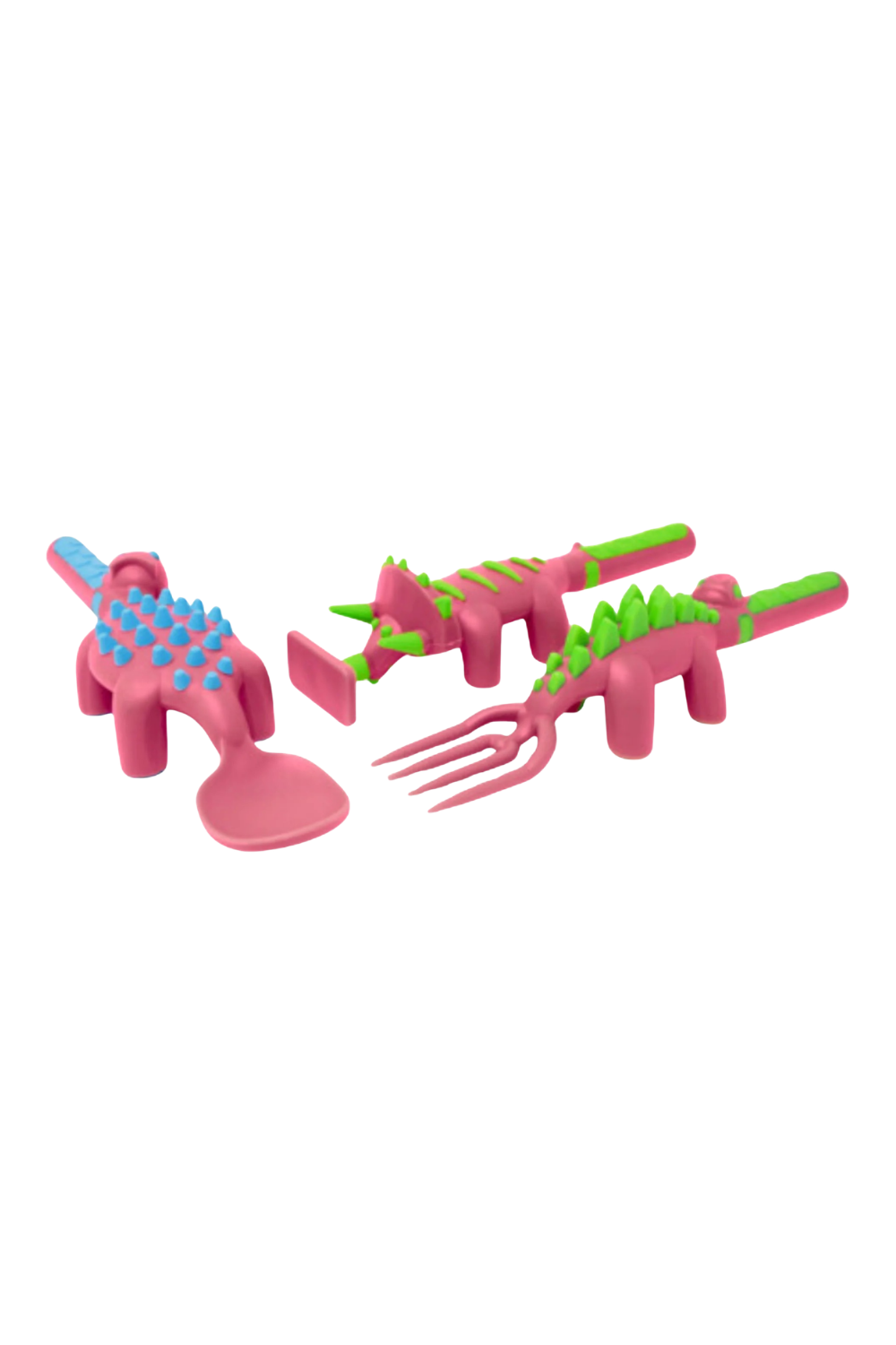 Set of pink and green dinosaur-shaped tools on a white background