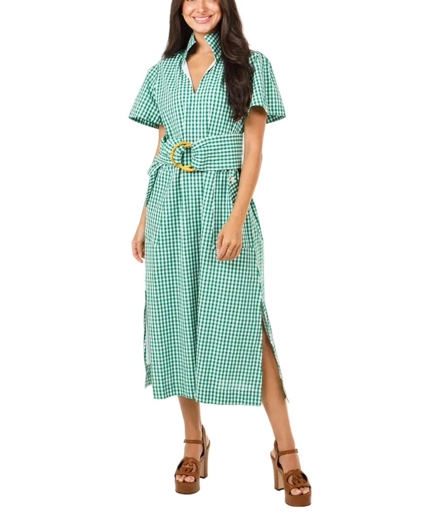 Meet our friend Gretchen!  If you love the easy wear of Catherine you will LOVE her just as much!  Our signature stand collar, front button pockets, softly pleated sleeves, bamboo ring belt and stunning side slits make this the PERFECT dress!
