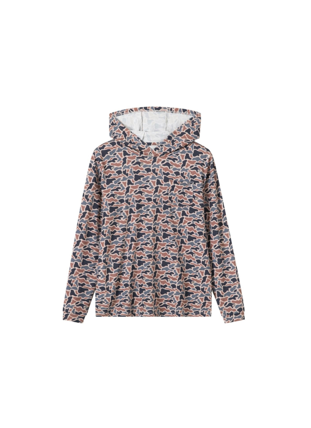 A hooded sweatshirt with an all-over abstract camouflage-like print in muted pink, navy, gray, and beige tones, shown flat against a plain white background.
