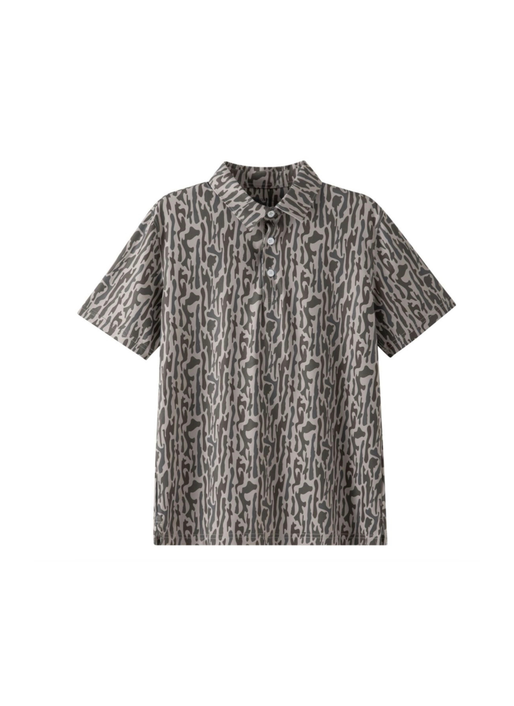 A short-sleeve button-up shirt with a gray Retro Camo pattern, displayed on a clean white background.