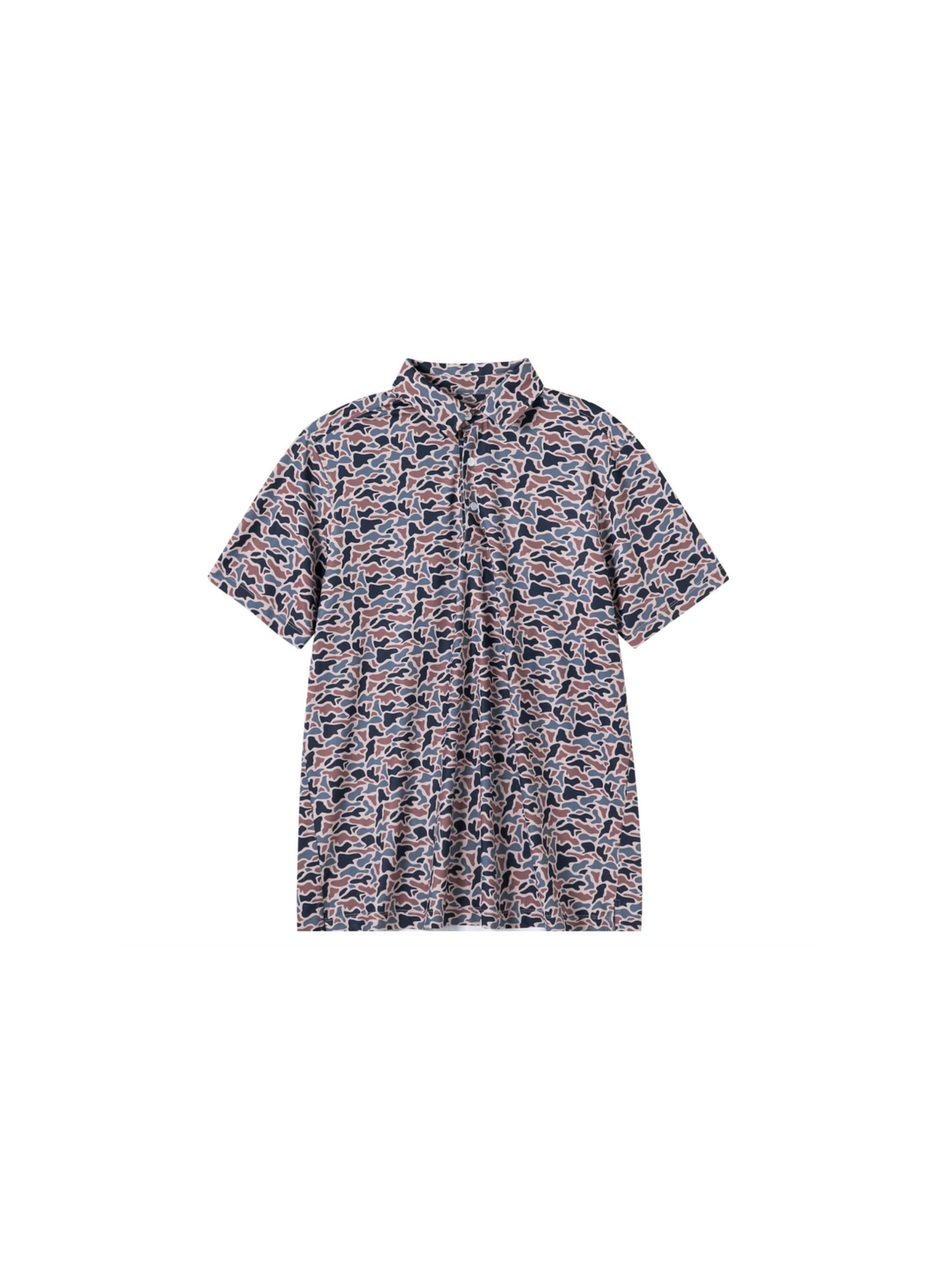 A short-sleeve button-up shirt with an all-over abstract print in pink, blue, and black on a light background, shown flat against a plain white background.