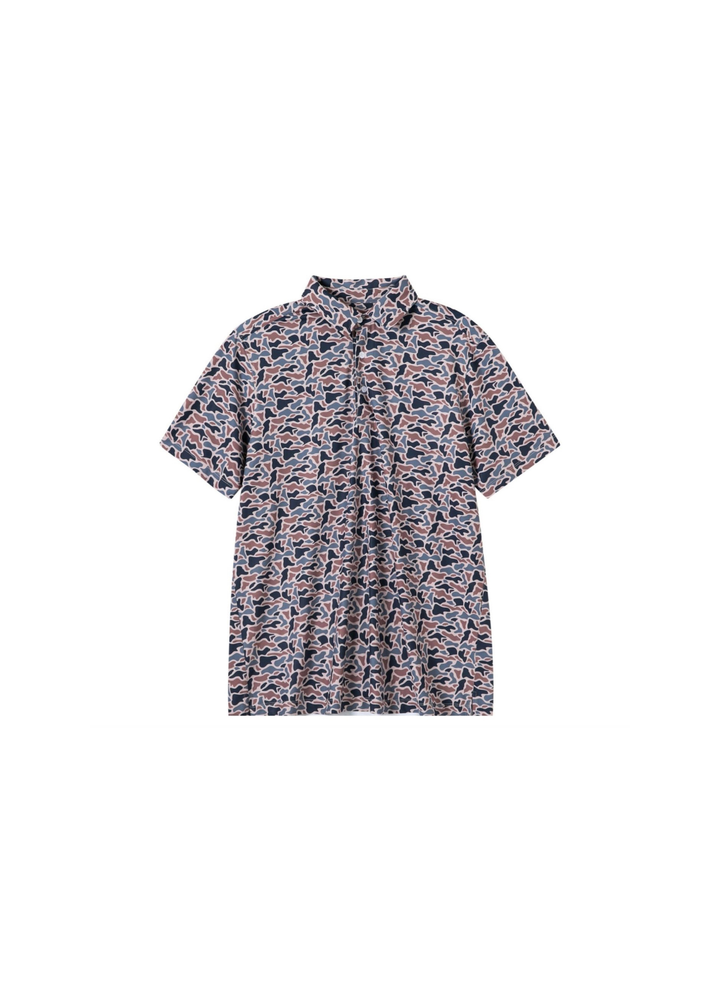 A short-sleeve button-up shirt with an all-over abstract print in pink, blue, and black on a light background, shown flat against a plain white background.