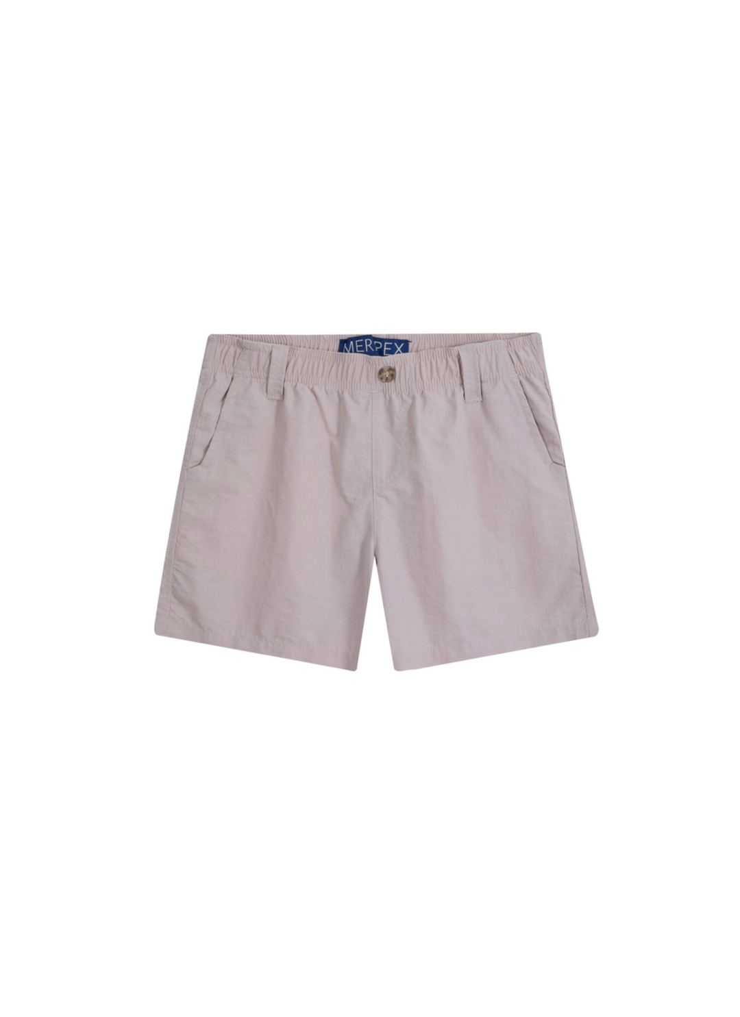 A pair of beige shorts with an elastic waistband and side pockets, shown flat on a white background.