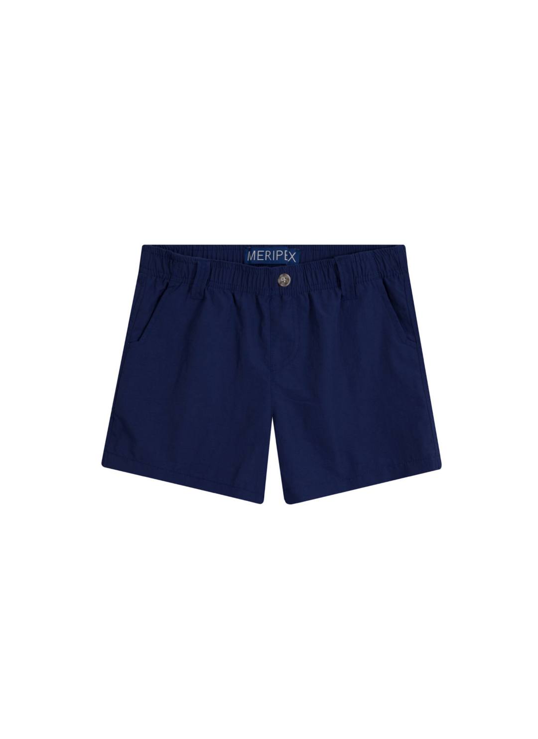 A pair of navy blue shorts with an elastic waistband and a small button closure, featuring the brand name &