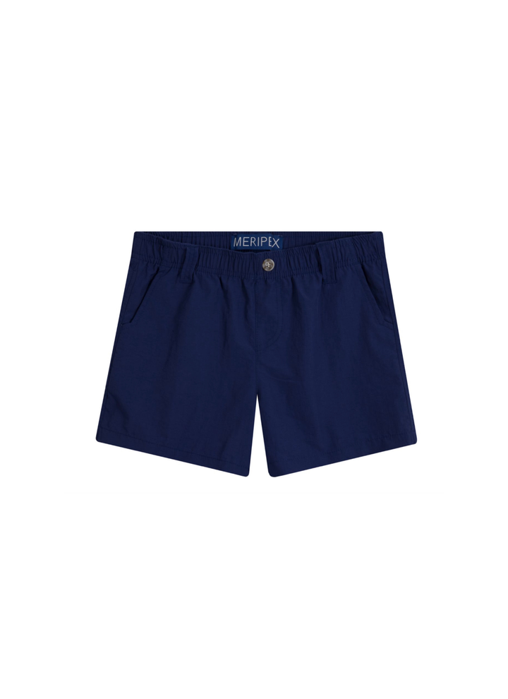 A pair of navy blue shorts with an elastic waistband and a small button closure, featuring the brand name &