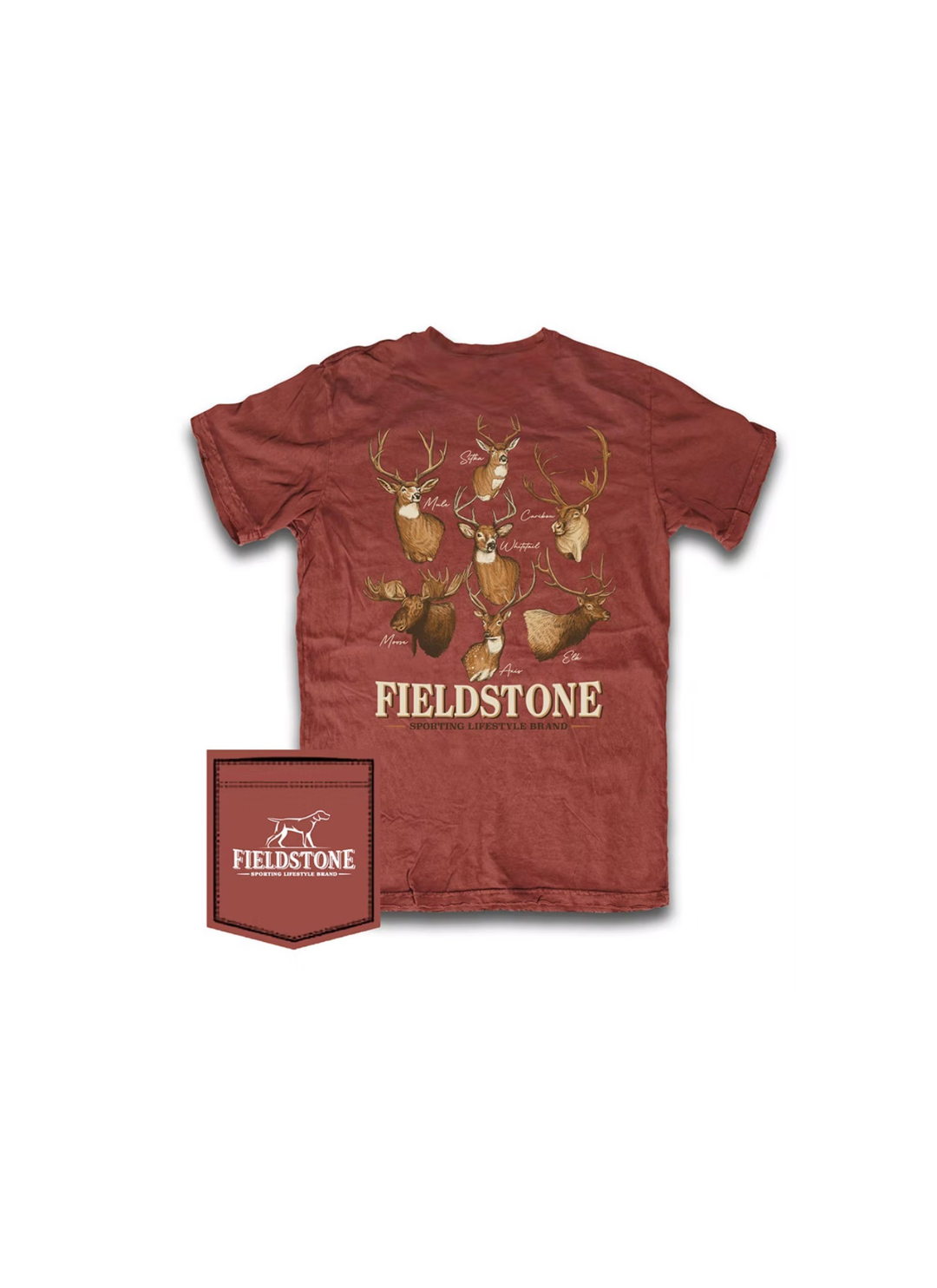 A rust red short-sleeve t-shirt with a graphic of six deer heads and the text &