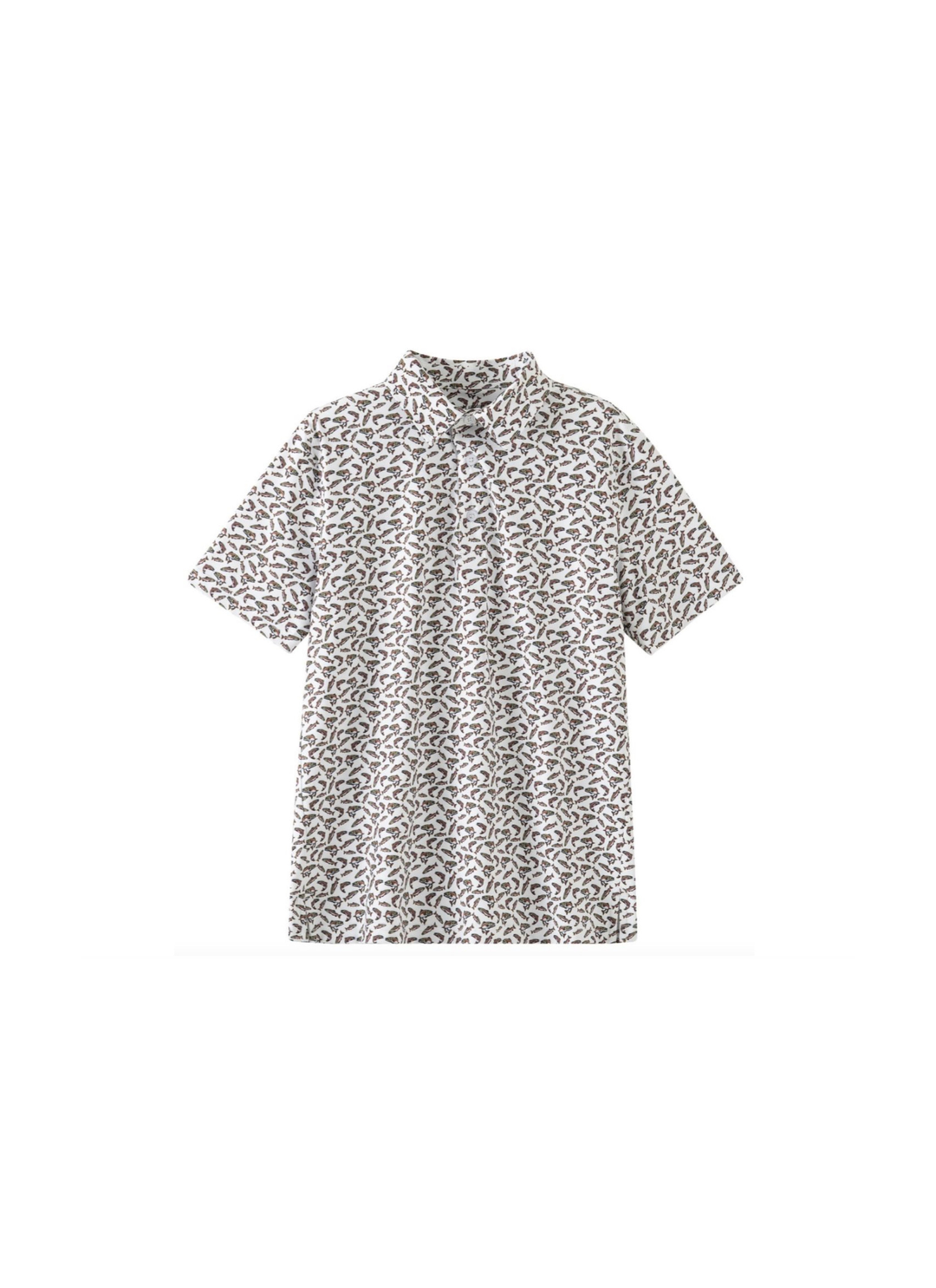 A short-sleeve button-up shirt with an all-over Rainbow Trout pattern, displayed on a clean white background.