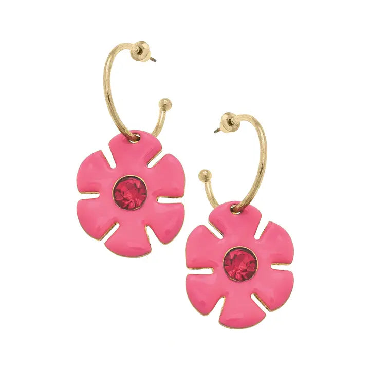 Donna Rhinestone Enamel Flower Drop Hoop Earrings