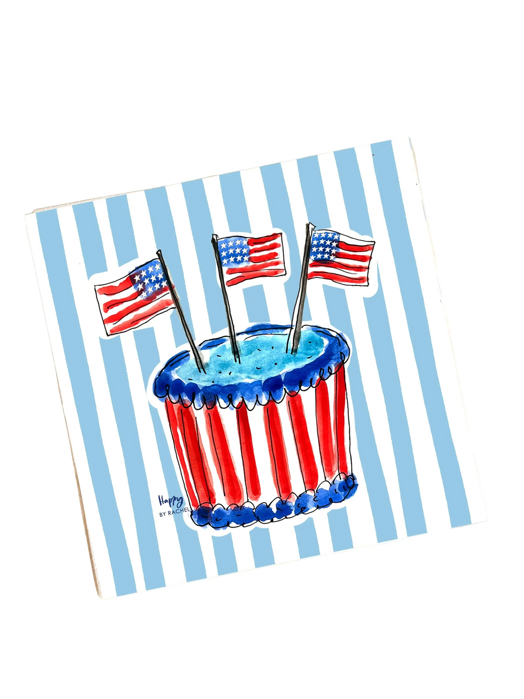 Napkins with a patriotic design featuring a cupcake and American flags on a blue and white striped background.