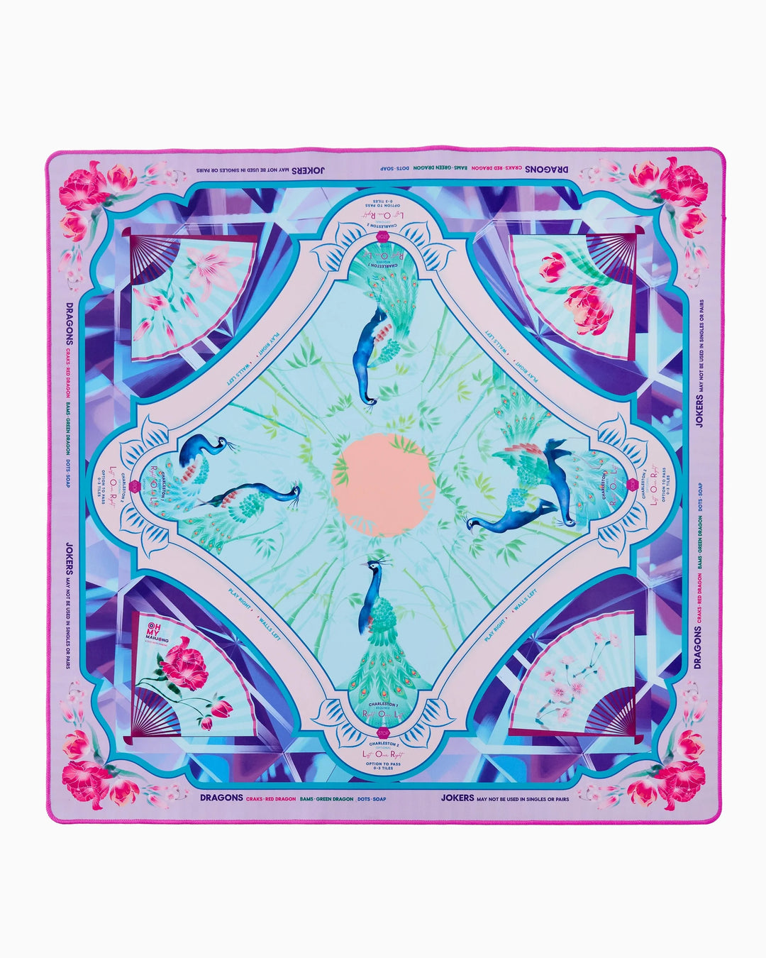 The Amethyst Mahjong Mat, crafted in collaboration with Rebecca Hastings, brings a dreamy, jewel-toned elegance to your game table. Designed to complement the serene and vibrant Gemma Tiles, this mat features a harmonious blend of purples, pinks, blues, and soft greens. The Amethyst mat is a whimsical ode to twilight skies and shimmering gemstones. Made from neoprene for easy cleanup and featuring a secure rubber non-slip backing, Amethyst ensures a flawless playing experience. Instructional reminders line 