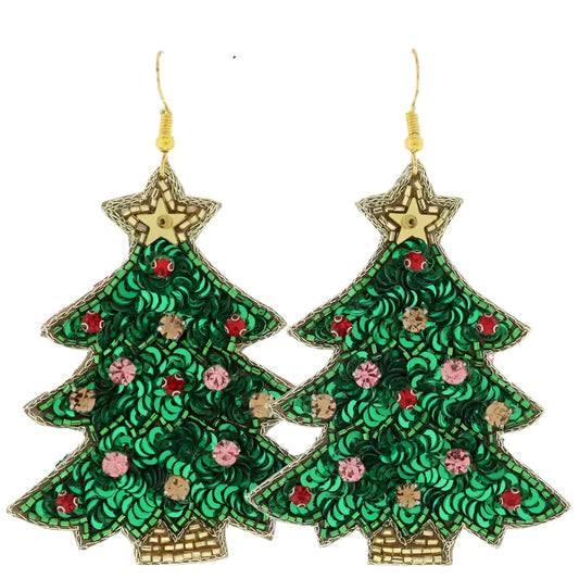 Green & Gold Sequin & Beaded Christmas Tree Earrings