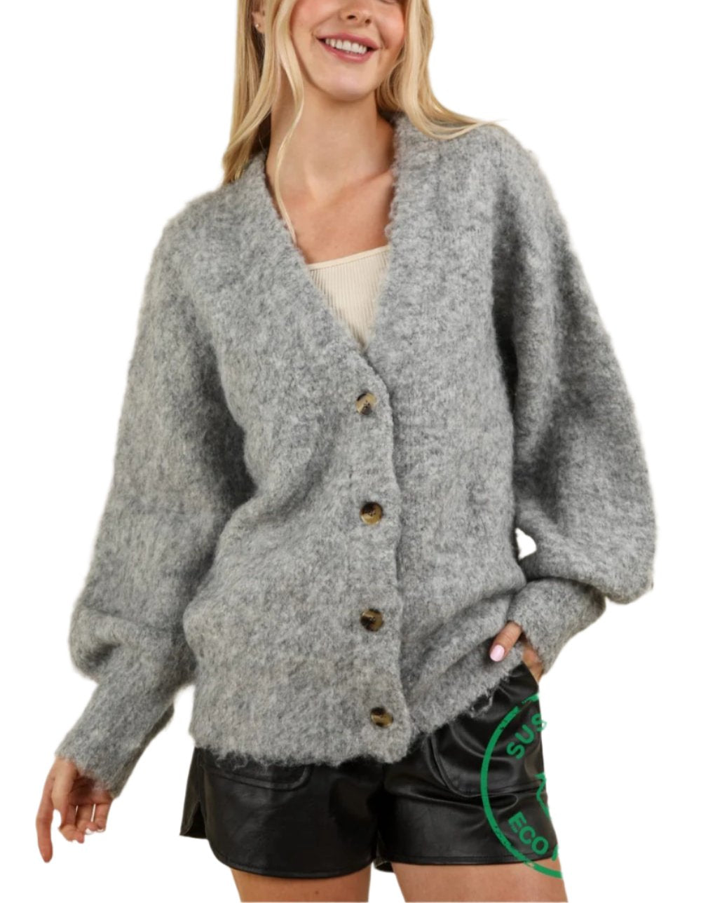 - ECO Oversized Mohair Button Down Soft Knit Sweater Cardigan
- V-Neck
- Drop Shoulder
- Long Sleeve
- Ribbed Hem