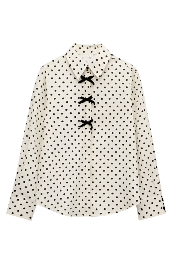 Trendy Polka Dot with Front Velvet Bows and Cute Collared Long Sleeve Shirt