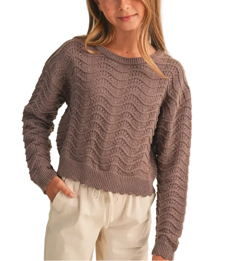 A lightweight pointelle knit sweater featuring an open, fan-and-wave stitch pattern throughout. A round neckline and long sleeves keep the shape simple, while scalloped edging at the hem and cuffs adds a delicate finish. An easy transitional layer with texture and dimension.
