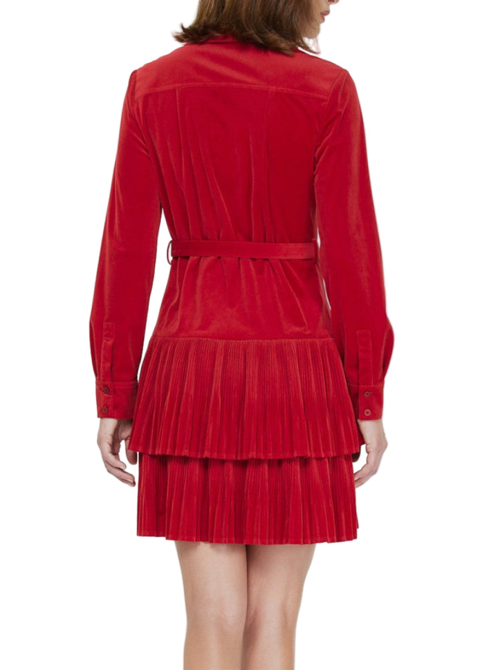 Velvet Pleated Tiered Shirt Mini Dress