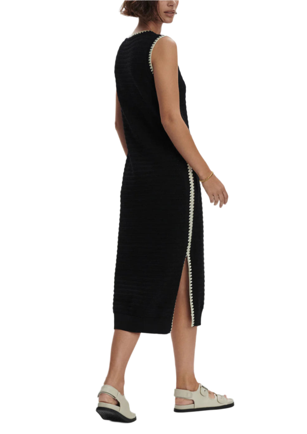 In a striped pointelle knit with side splits and contrasting scalloped edging, the Dwight tank dress elevates your everyday style. Cut for a modern midi length, it’s perfect for beach days with sandals or evenings out.
