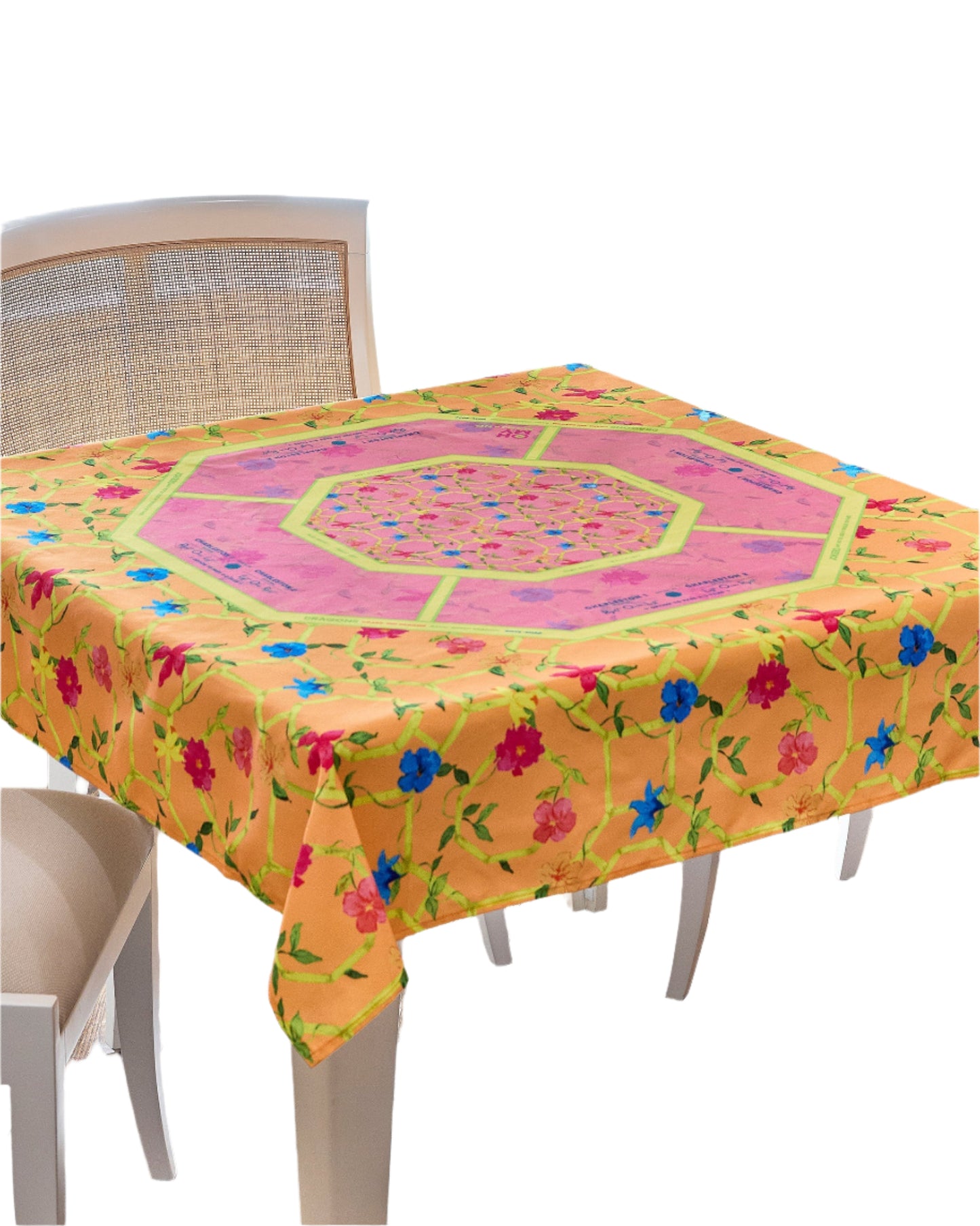 Brighten up your game nights with the vibrant and playful Bagua Blossom Tablecloth. Featuring a stunning mix of orange, pink, yellow, and blue hues, this tablecloth brings a cheerful burst of color to your table. Designed with both style and functionality in mind, it is easy to care for. The Bagua Blossom Tablecloth is the perfect choice to add energy and charm to your mahjong gatherings.

Dimensions: 56”x 56”
100% Polyester
Machine washable. Iron on medium heat