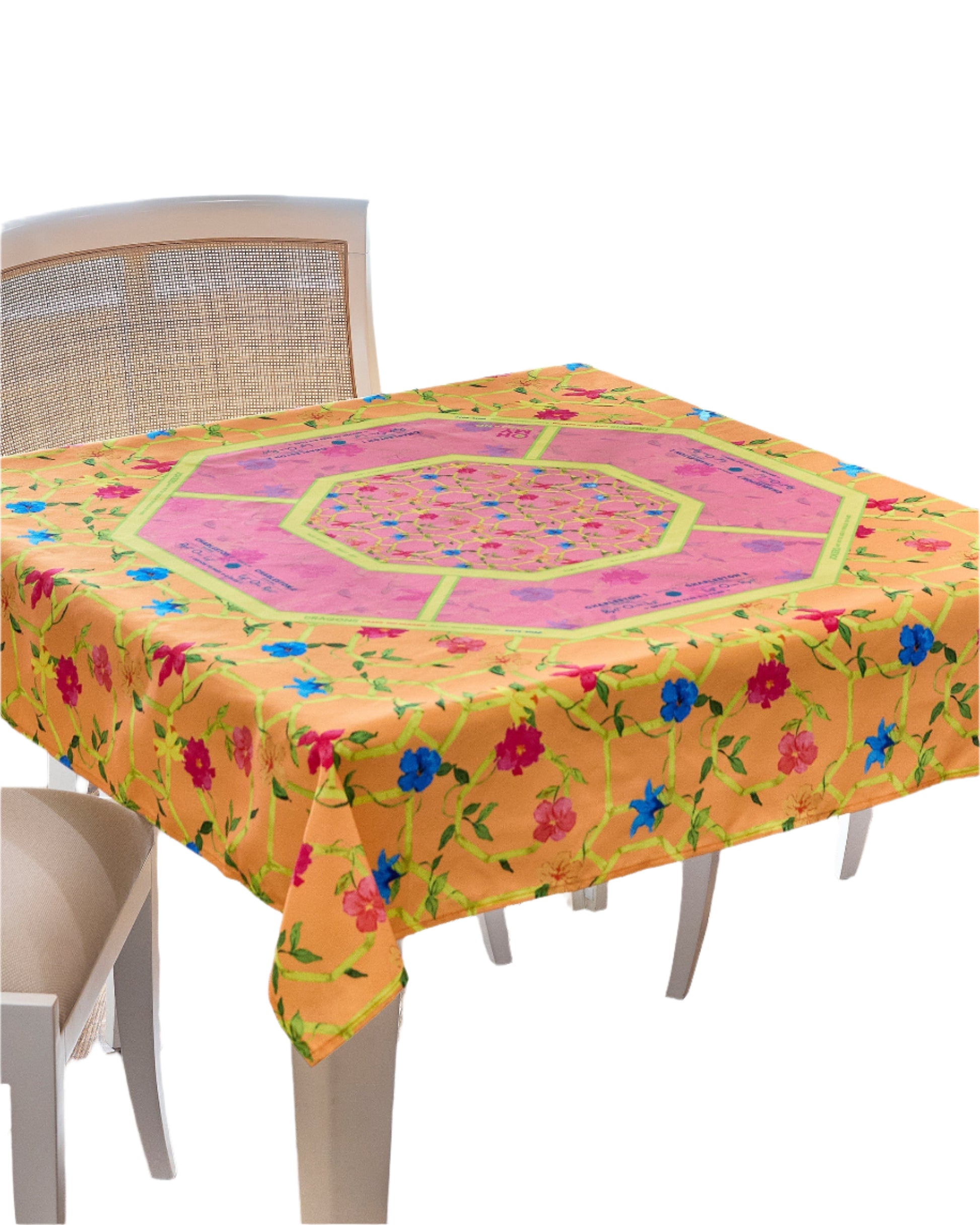 Brighten up your game nights with the vibrant and playful Bagua Blossom Tablecloth. Featuring a stunning mix of orange, pink, yellow, and blue hues, this tablecloth brings a cheerful burst of color to your table. Designed with both style and functionality in mind, it is easy to care for. The Bagua Blossom Tablecloth is the perfect choice to add energy and charm to your mahjong gatherings.

Dimensions: 56”x 56”
100% Polyester
Machine washable. Iron on medium heat