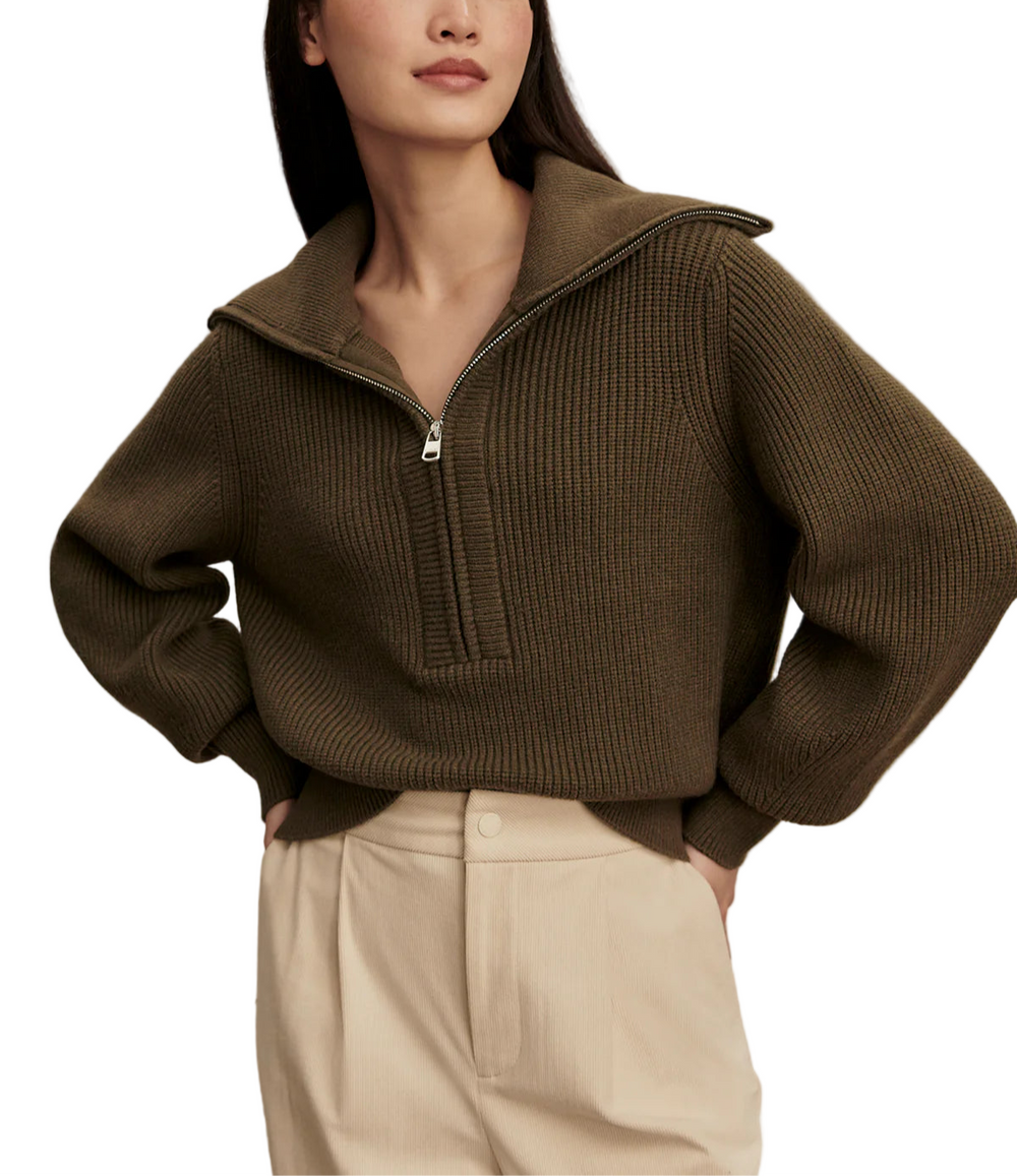 A versatile knit for all-season layering, the Maura is a contemporary half-zip style made to elevate your cold-weather looks. A sweater version of the Enrico jacket, it is crafted from a mid-gauge Soft Viscose yarn, which makes it soft to the touch and super comfortable to wear all day. Complete with a classic turn-back collar and fashioned detailing to the arms.