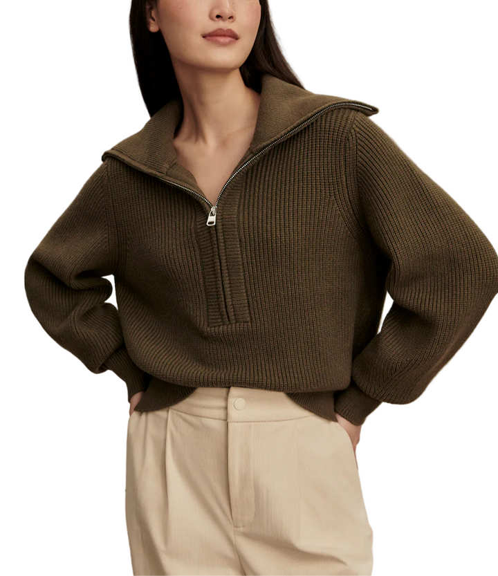 A versatile knit for all-season layering, the Maura is a contemporary half-zip style made to elevate your cold-weather looks. A sweater version of the Enrico jacket, it is crafted from a mid-gauge Soft Viscose yarn, which makes it soft to the touch and super comfortable to wear all day. Complete with a classic turn-back collar and fashioned detailing to the arms.