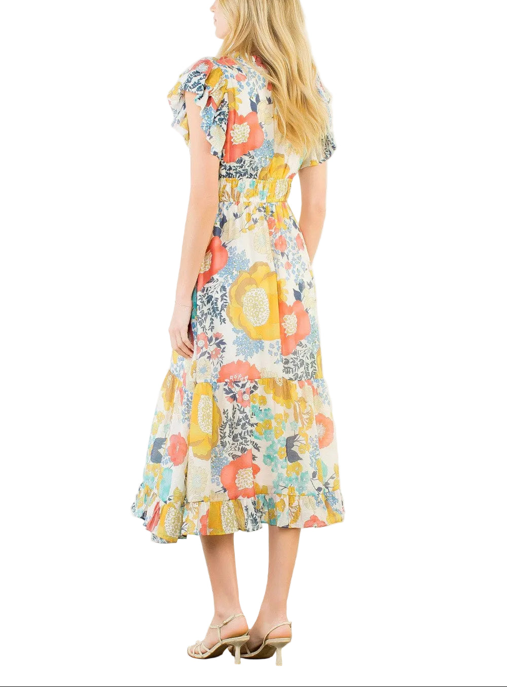 Effortless elegance meets romantic style with the Caroline Floral Pattern Midi Dress. Delicate flutter sleeves add a playful touch while tiered layers create flattering movement and dimension. The charming floral print brings springtime freshness to any occasion, from garden parties to casual outings. Perfect for those seeking a versatile piece that transitions seamlessly from day to evening wear.