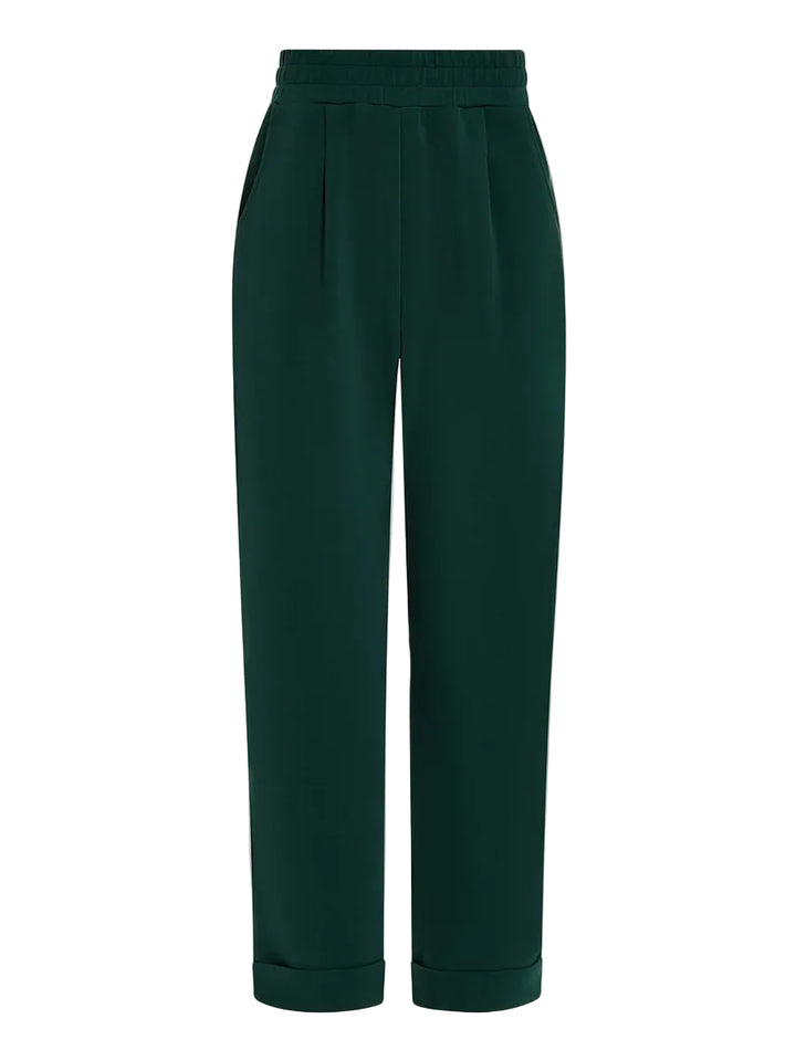 Dark green wide-leg cropped trousers with a gathered elastic waistband and rolled cuffs, shown against a light gray background.