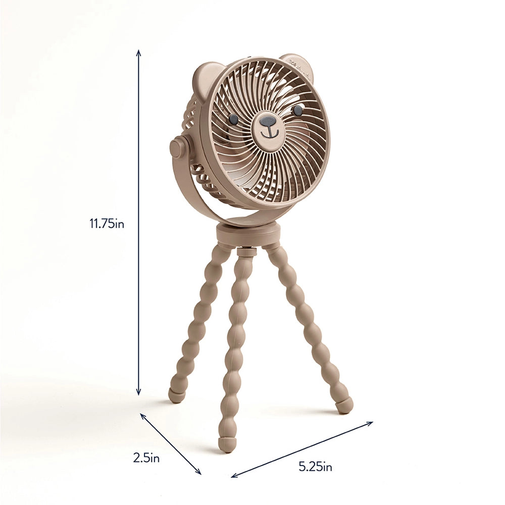 Small fan with bear design and dimensions on a white background