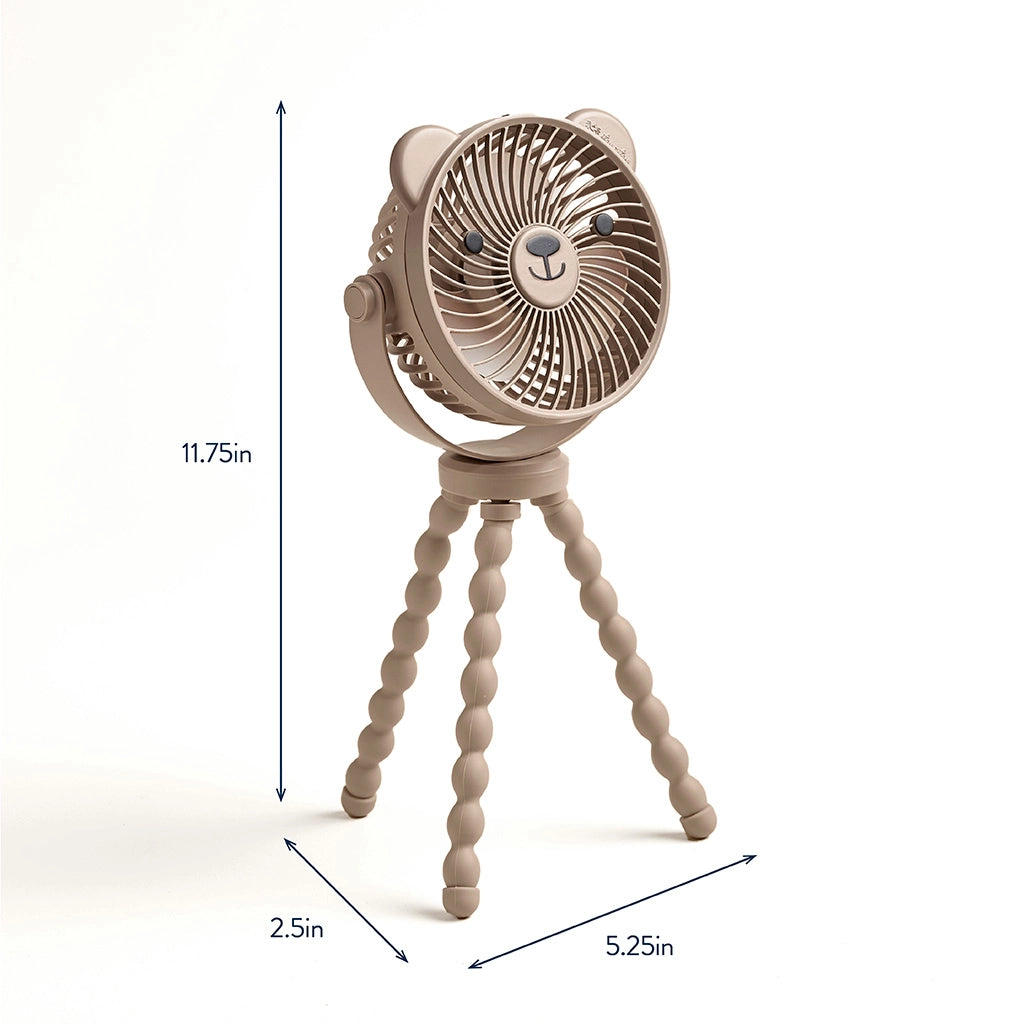 Small fan with bear design and dimensions on a white background